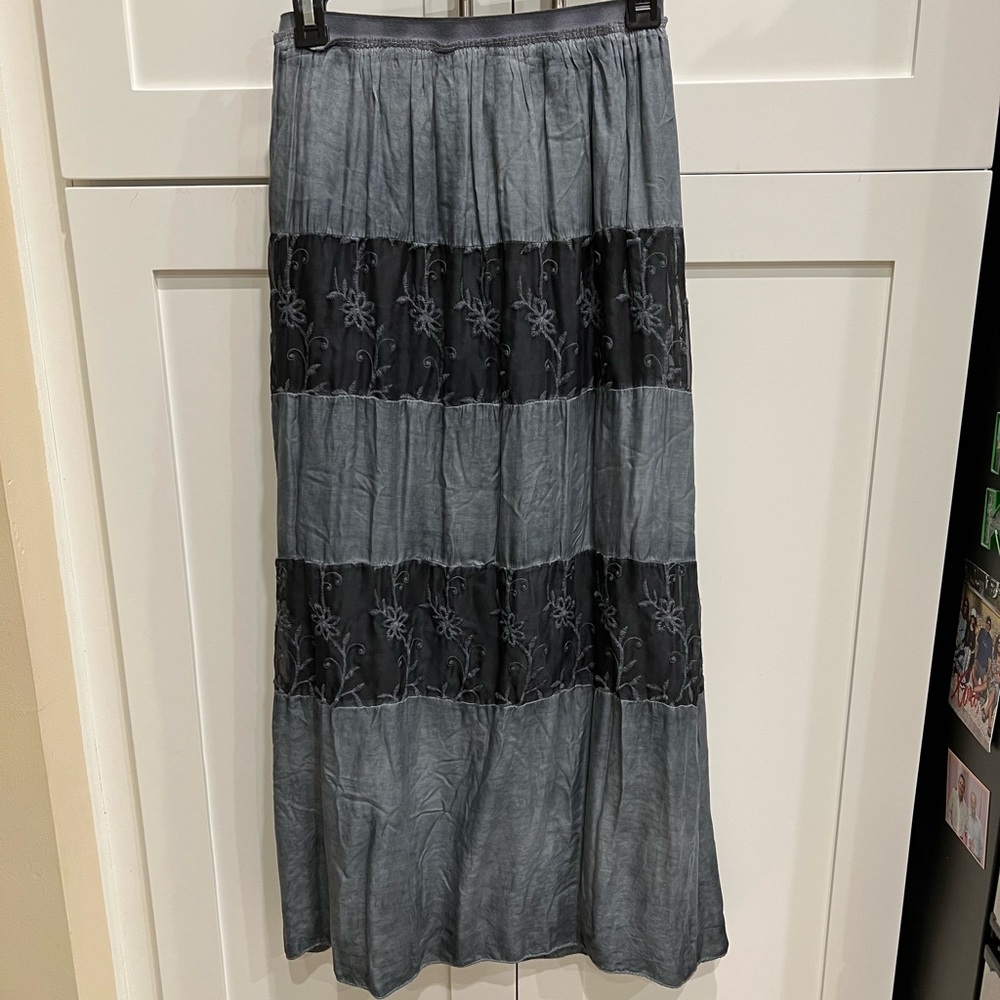 Long gray skirt with black lace panels